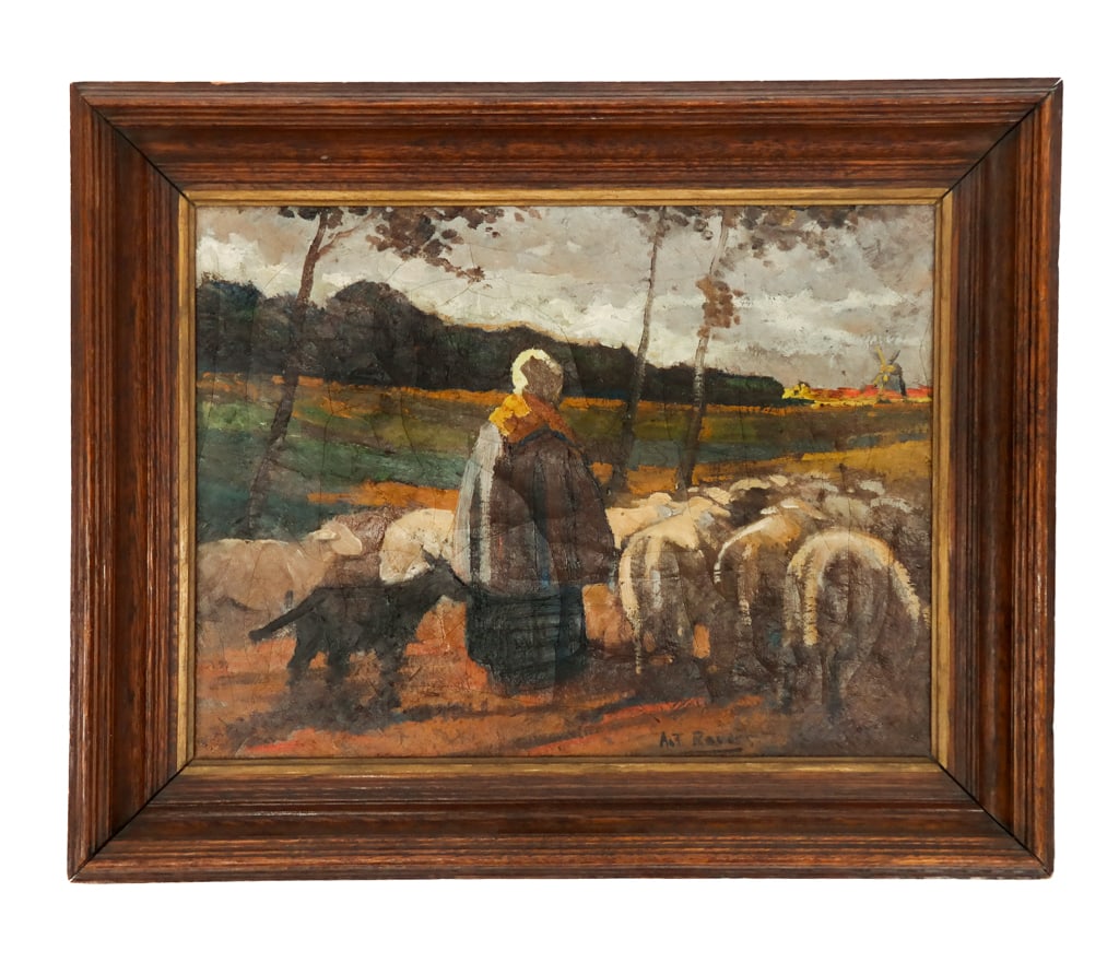 A.T. ROVERS: Shepherdess - Oil on Canvas: Dutch oil on canvas painting depicting a shepherdess amongst her flock with scrolling field and windmill in the background, signed lower middle right "A.T. Rovers" (?). Likely late 19th-early 20th cen
