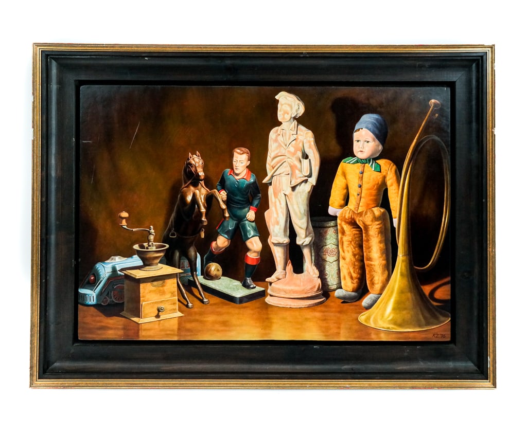 Signed Oil on Panel Table Still Life w/ Statues: Oil painting on thick wood panel depicting a table still life with statues, doll, French horn, and other items. Initialed and dated lower right "KZ '96" (?). [Panel: 19.5" H x 28.5" W; Frame: 26" H x 