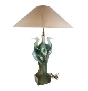 Daum Pate de Verre Heron Lamp: Daum France pate de verre heron form lamp, 20th century, with two opposing herons, marked Daum France to base, and with the Daum retail sticker with reference number 02841-1. [Excluding shade and sock