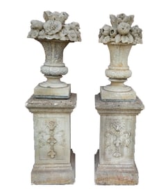 Pair Carved Pedestals with Floral Basket and Fruit
