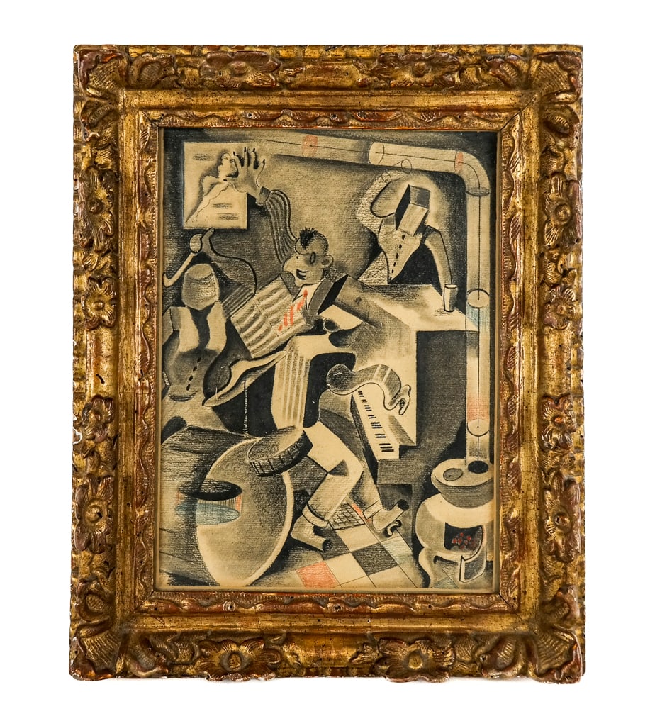 Cubist Charcoal on Paper of a Musical Scene: Cubist charcoal on paper, early 20th century, depicting a central figure with a piano player and revelers, in a gilt frame, marked Whittaker V. G. to verso. [Frame: 16" H x 13" W]. Overall condition i