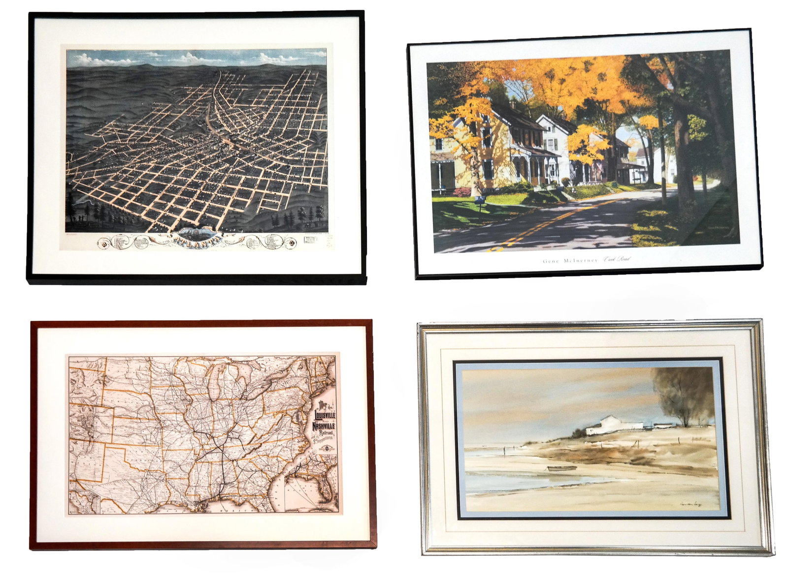 Four Southern-Themed Works: Four Southern-themed works, including three pictures (of Atlantic & Southern Railroad and one of a country road) and a watercolor by Gordon Legg. [Largest: 30" H x 36" W].