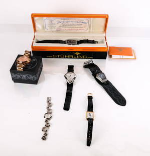 Group of Assorted Watches, Including Stuhrling, 6: Group of assorted watches, including: a Stuhrling Symphony Uptown watch with rainbow numbers in original watch, a Michael Kors rose gold-tone mk565 watch, a Lorus Kermit the Frog square face watch fro