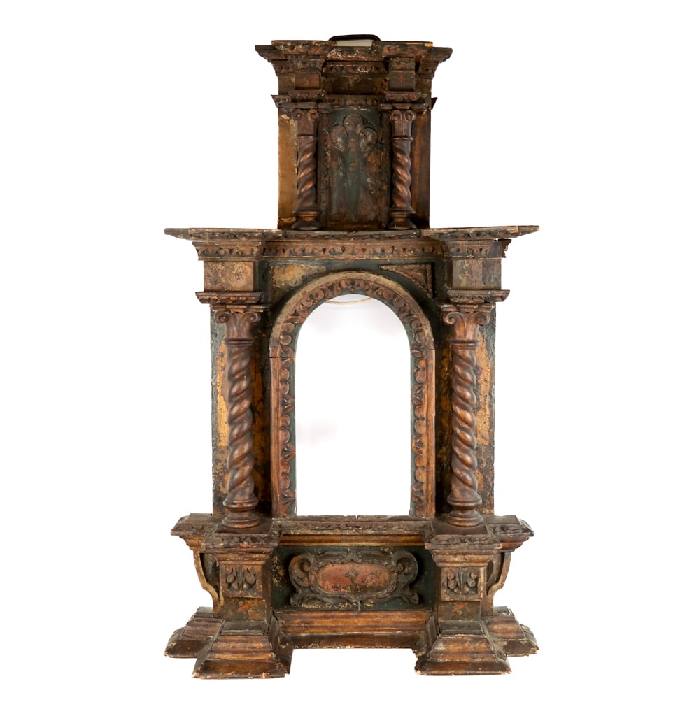 Antique Carved and Decorated Tabernacle Frame: Antique carved and decorated tabernacle frame, circa 17/18th century, with a central figure at upper flanked by two barley twist columns, over a decorative frieze with an image of Jesus at right side,