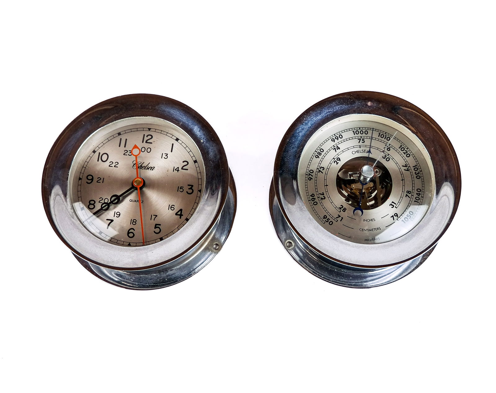 Chelsea Ship's Clock and Barometer: Chelsea nickel ship's bell clock and barometer, mid-20th century, clock with quartz works, and barometer with works exposed; both marked Chelsea to faces. [2.25" D x 5.5" Diameter]. Overall condition