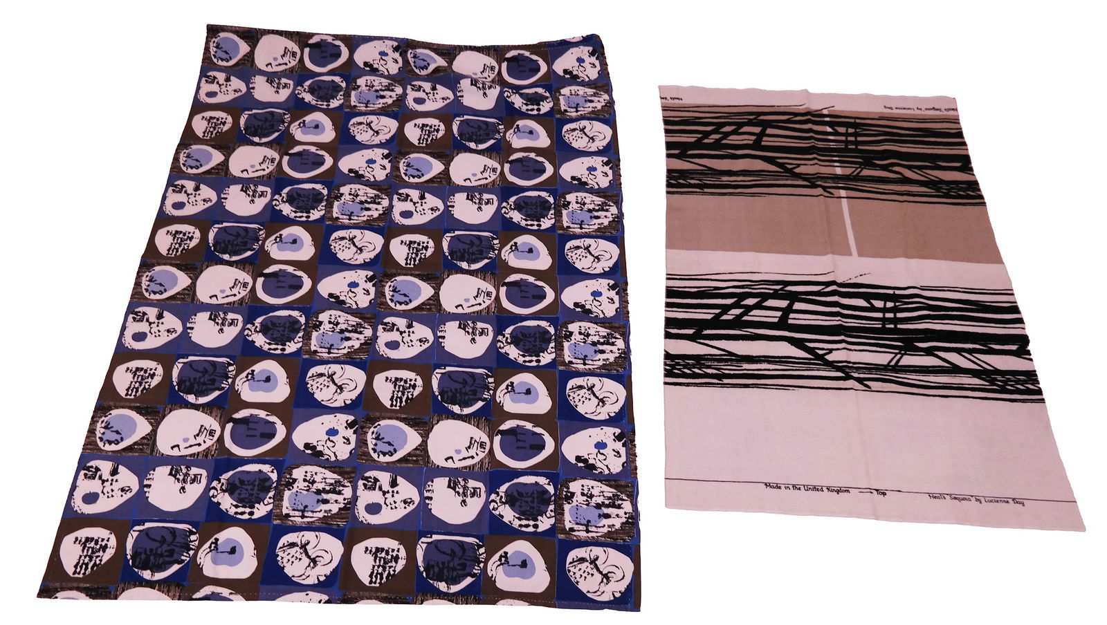 Lucienne Day for Heal's Printed Fabrics, 2: Lucienne Day for Heal's Printed Cotton Fabrics, circa 1950s-60s, 2 pieces, includes: "Sequoia," heavy, textured weave, large-scale vertical design of two abstracted tree trunks in black, one superimpo
