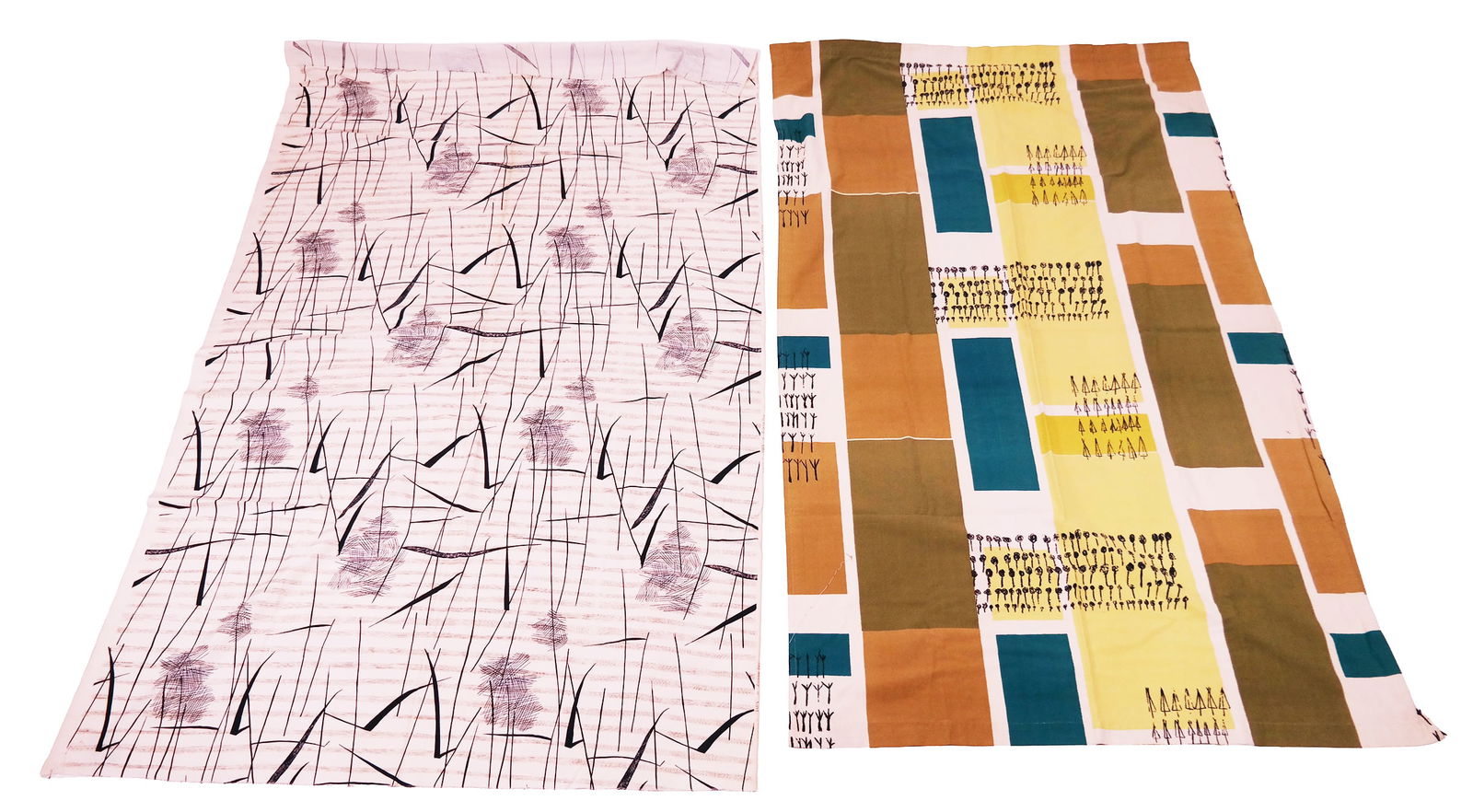 Lucienne Day for Heal's Printed Fabrics, 2: Lucienne Day for Heal's Roller-Printed Cotton Fabrics, circa 1950s, 2 pieces, includes: "Tarn," having large-scale abstract flower design made up of black calligraphic leaf-like lines, accompanied by
