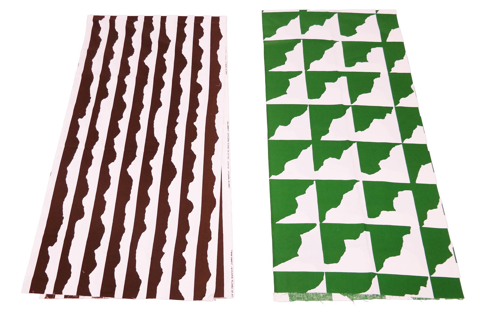 Perttu Mentula for Tampella Finland Fabrics, 2: Lot of 2 Tampella Finland Fabrics, circa 1960s-70s, includes: green and white printed cotton by Perttu Mentula (1936-2009), "Made by Tampella Finland, design by Perttu Mentula - Casa Nova," Finnish, 1