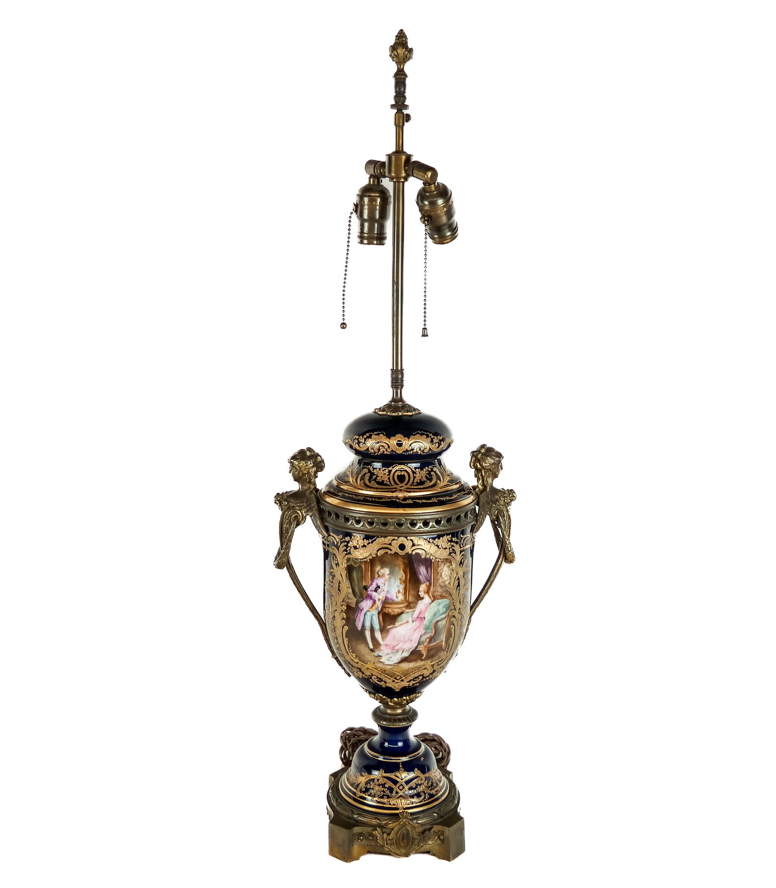 Sevres Porcelain Vase Adapted as a Lamp: Sevres Louis XV cobalt blue and gilt decorated hand-painted porcelain lidded urn possibly painted Lucot, French, 1772, elaborately gilt decorated with foliate, scroll and feather motifs on cobalt blue