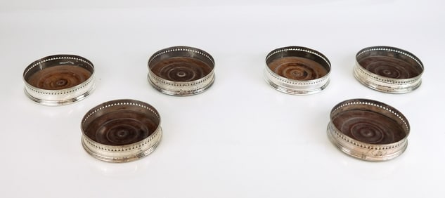 Set of Six English Silver and Treen Wine Coasters