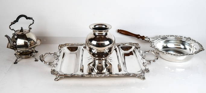 Group of Silverplate Tablewares, 3: Group of silverplate tablewares comprising hot water kettle on stand, probably Roberts & Belk, Reed & Barton baluster form vase, chafing dish with treen handle, and Sheraton Silver Co. well and tree p