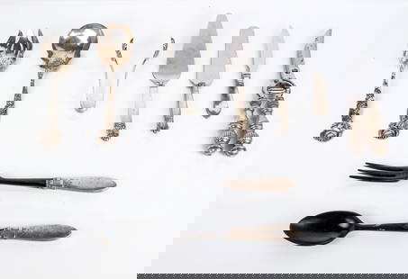 Miscellaneous Group of Sterling Silver Flatware, 9: Miscellaneous group of sterling silver flatware comprising International Silver "Northern Lights" pie server, Web pie / cake server, Georg Jensen fruit knife, S. Kirk & Son ice tongs, fork and spoon r