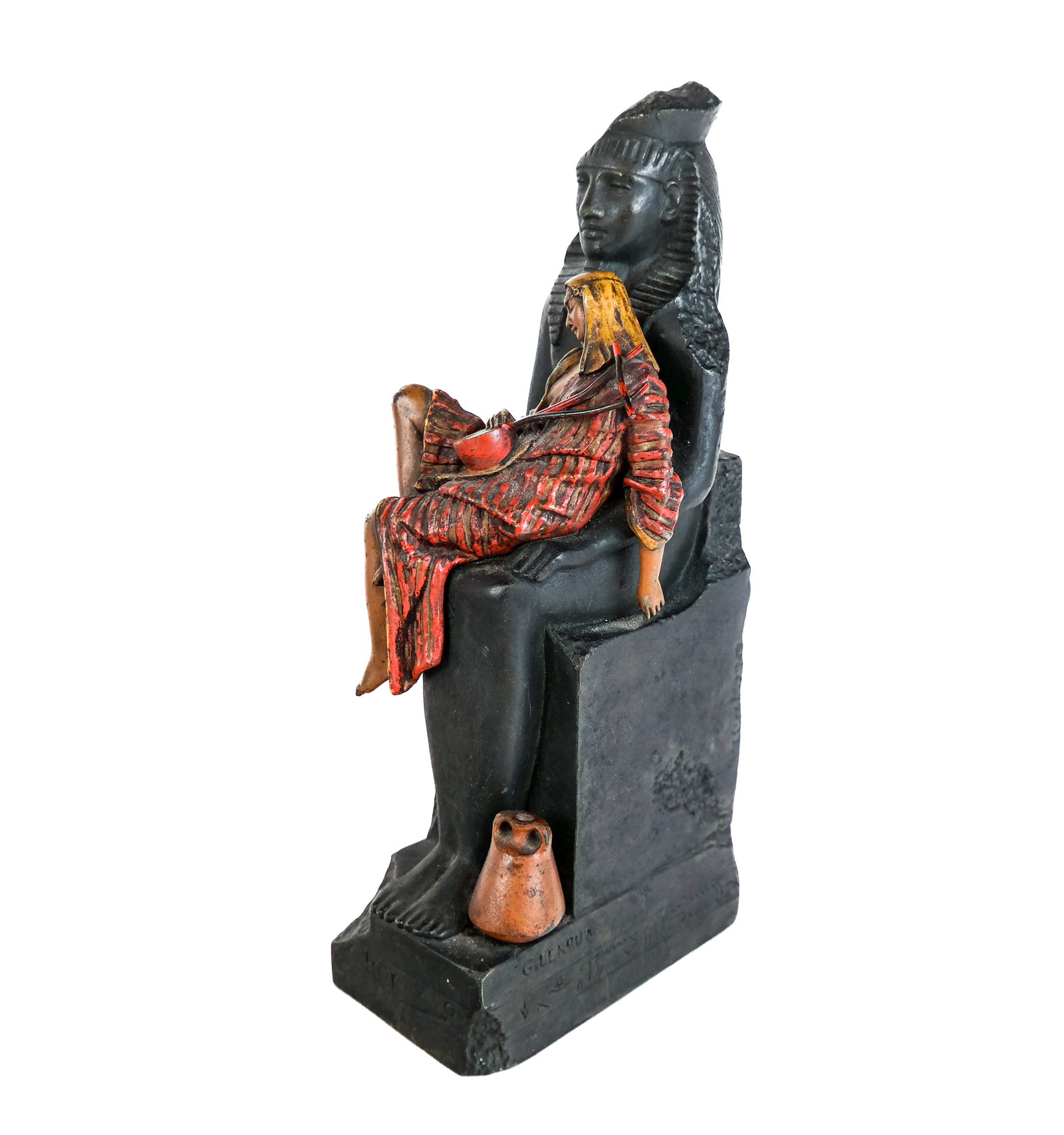 Gaston Veuvenot LEROUX Figural Sculpture: Gaston Veuvenot Leroux (French, 1854-1942) figural sculpture of a woman resting on an Egyptian statue, signed G. Leroux to rear side. [13" H x 4" W x 6" D]. Overall condition is good.