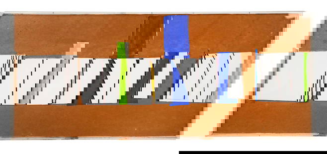 Judith ROTHSCHILD Untitled Mixed Media: Judith Rothschild (1921-1993) untitled mixed media, mid to late 20th century, comprising wood, paint, and kraft paper, in a lucite frame, with oil pastel to verso; initialed JR to lower left, signed J