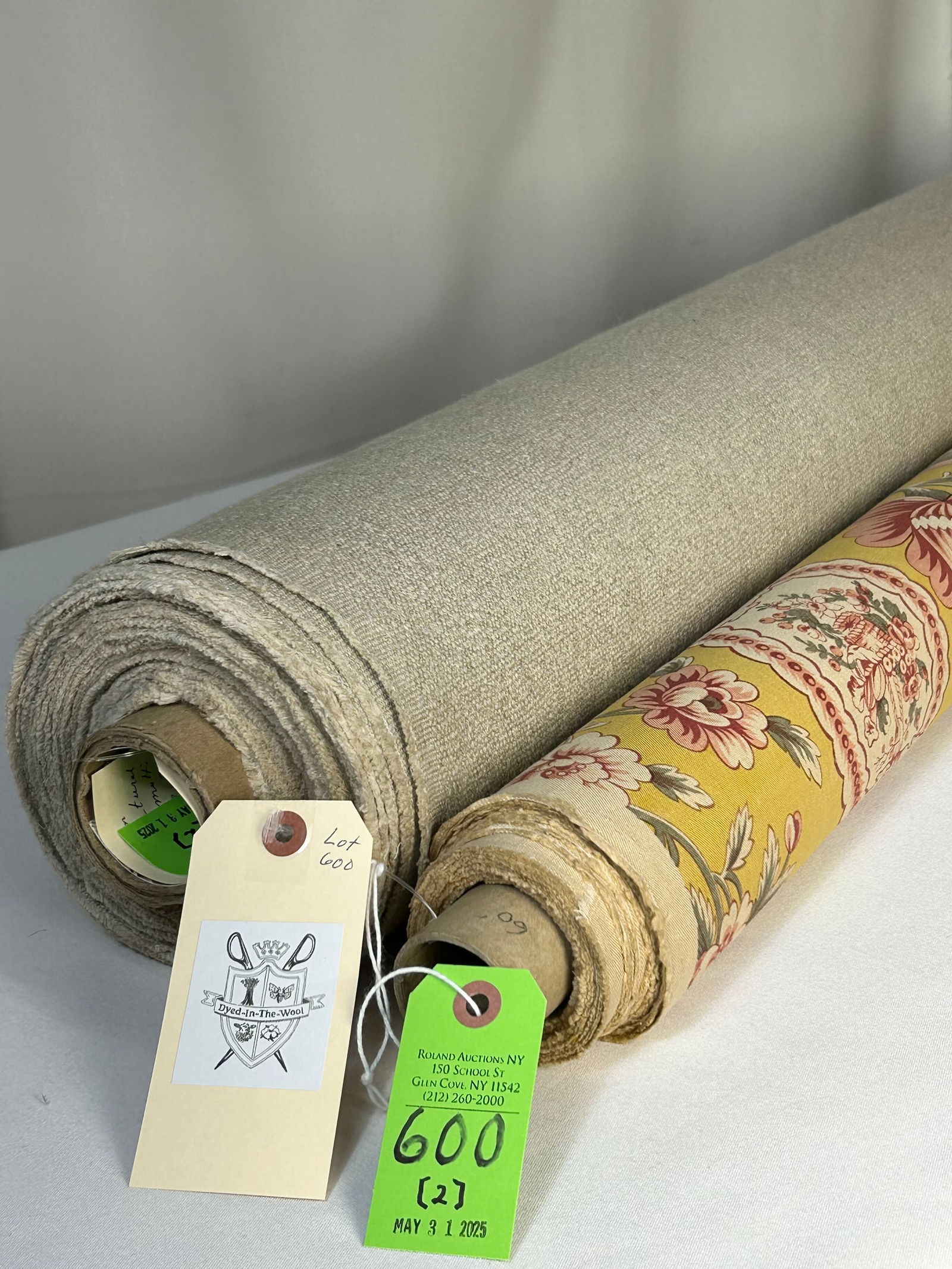 Bennison Print And Belgium Linen Fabrics: 1) 8 yards of England's Bennison's "French Twist" printed linen in pale yellow on beige, 55" width. The French Provincial pattern has a slight variation in the ground color. There are two lengths on o