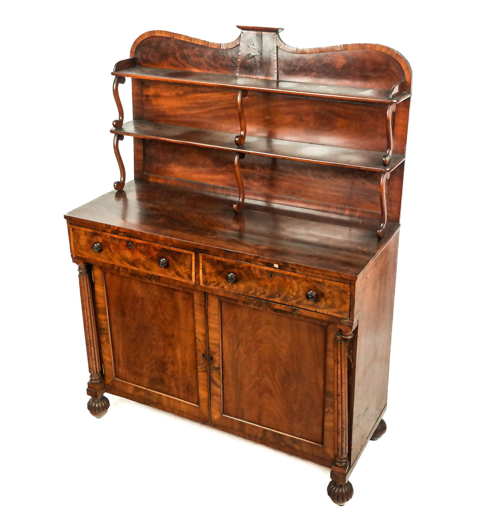 English Aesthetic Mahogany Credenza: English Aesthetic mahogany credenza with two tier superstructure, English, 19th century, with two drawers and two doors and etagere top. [64" H x 45.5" W x 19" D].
