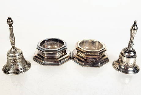 English Silver Table Accessories, 4: English silver table accessories comprising pair of monogrammed ashtrays, London, 1901, by Goldsmiths & Silversmiths Co Ltd, and two bells, London, 1910 and 1970, by John Henry Rawlings and TR (script