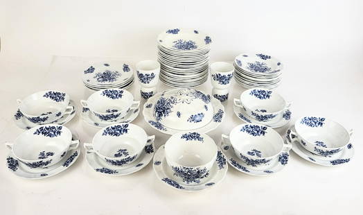 Booths "Peony" Partial Service, 35: Booths England "Peony" porcelain partial service, comprising seven bouillon cups with six matching saucers (saucers: 6" diameter), six bread and butter plates (6.25" diameter), a cereal bowl accompani
