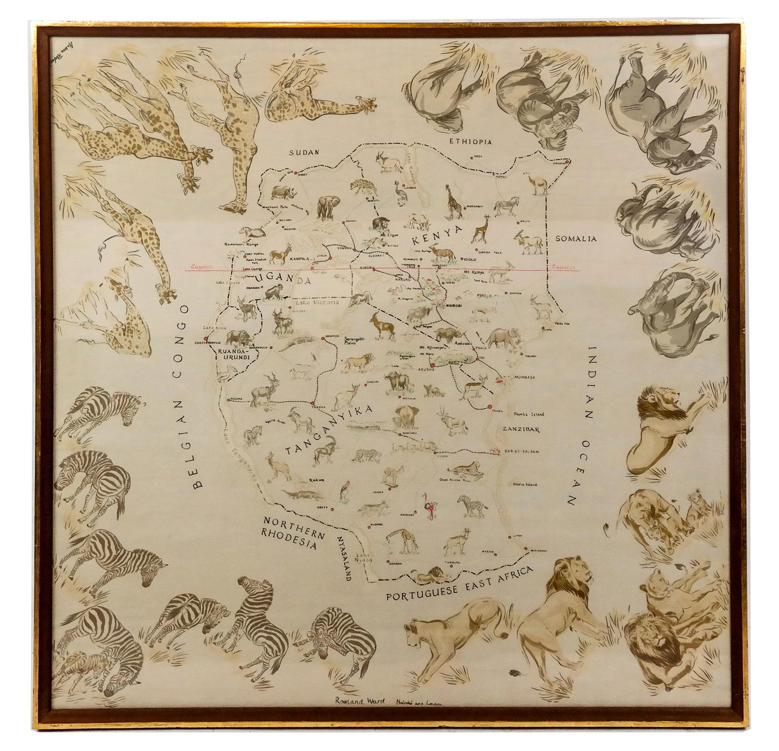 Rowland Ward Silk Scarf In Frame: Silk scarf, "Nairobi and London", depicting a map of a part of Africa with animals all over, also signed "Massie Robert". [Scarf: 34.5" x 34.5"; Frame: 36" x 36"]. From the Estate of Laura Leonard Aul