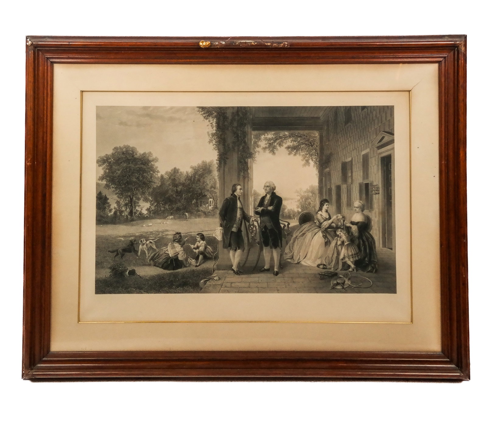 Vintage Print Of Washington: Vintage print of Washington with possibly his wife and family. [Image: 19" H x 30" W; Matt: 23' H x 32" W; Frame: 34" H x 43" W]. From the Estate of Laura Leonard Ault.