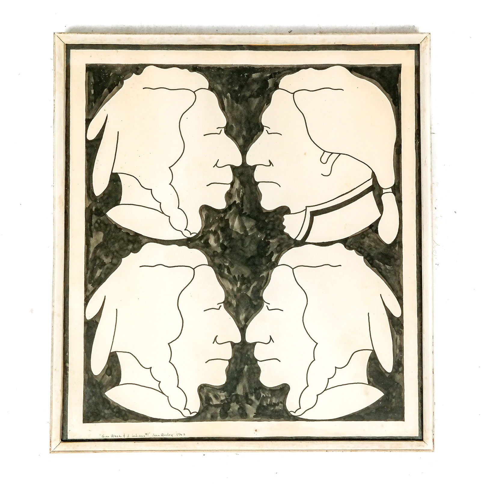 John WESLEY: "Geo. Washington & 3 Indians" - Ink on Paper: John Wesley (American, b. 1928) ink on paper depicting George Washington in upper right and three Native Americans, all in profile portraits, signed and titled lower left, dated 1963, bearing Robert E