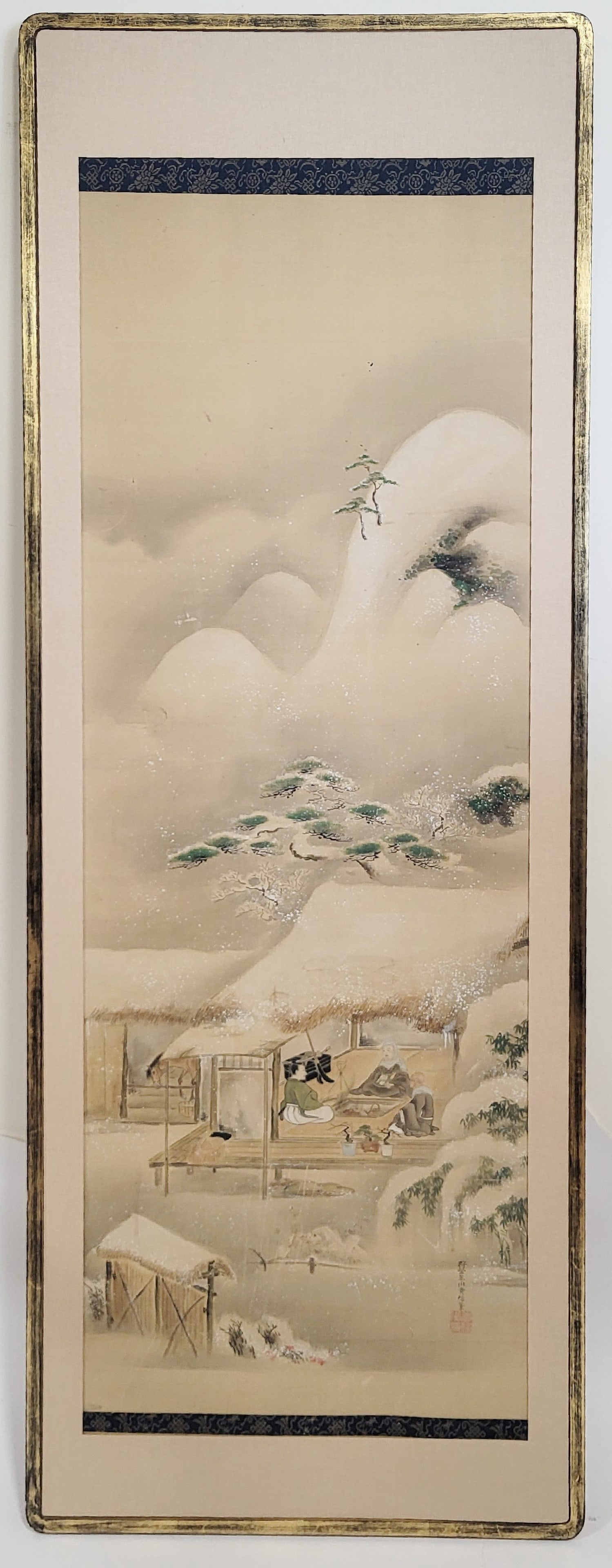 Hand-Painted Japanese Painting On Silk: Antique Japanese painting on silk, signed and framed. [Art: 43.5" H x 15.5" W; Overall: 51" H x 19" W]. In good condition.