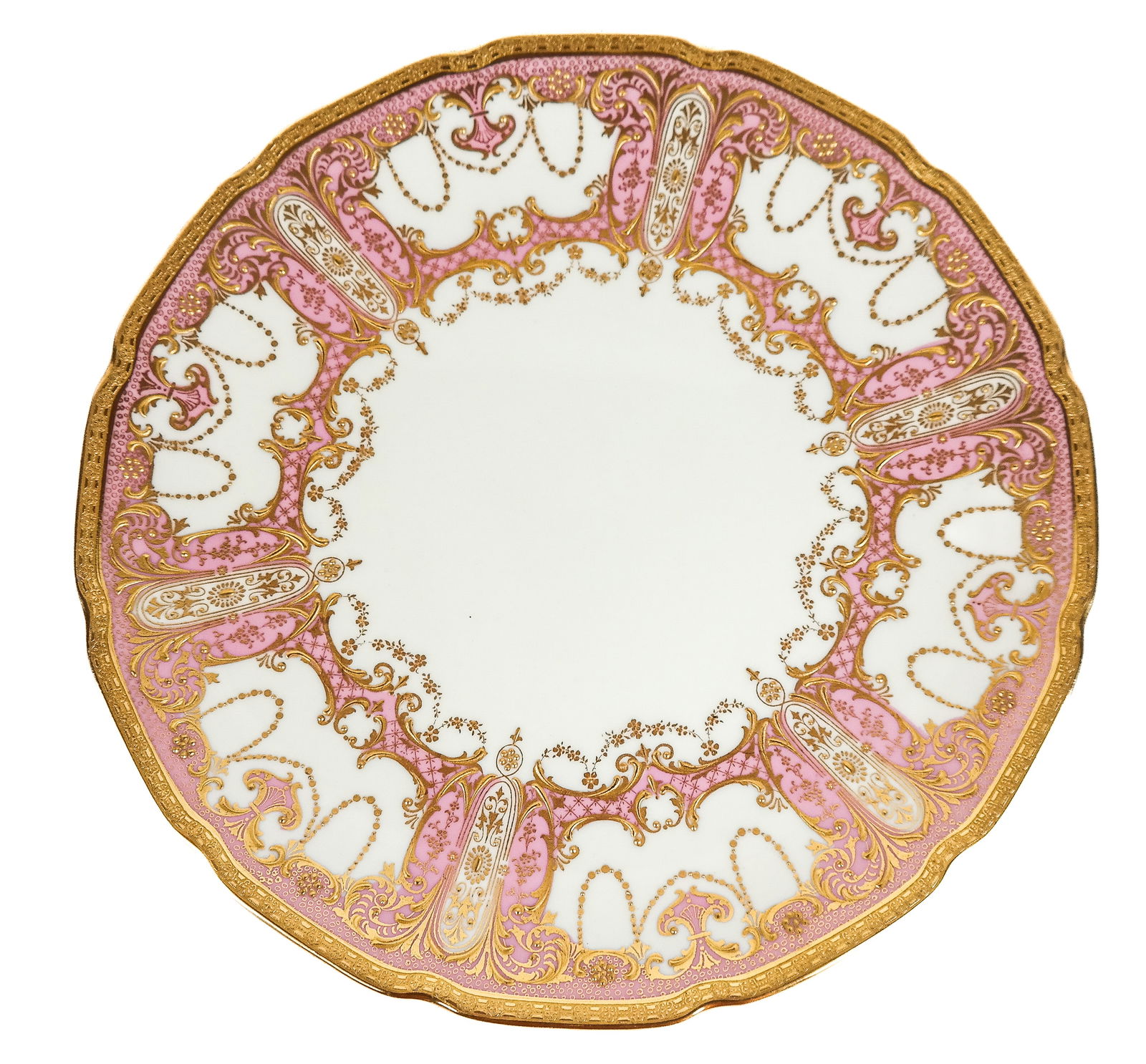 Set of 12 Royal Doulton Place Plates: Set of twelve Royal Doulton place plates, gilt encrusted over pink borders. [9" Diameter].