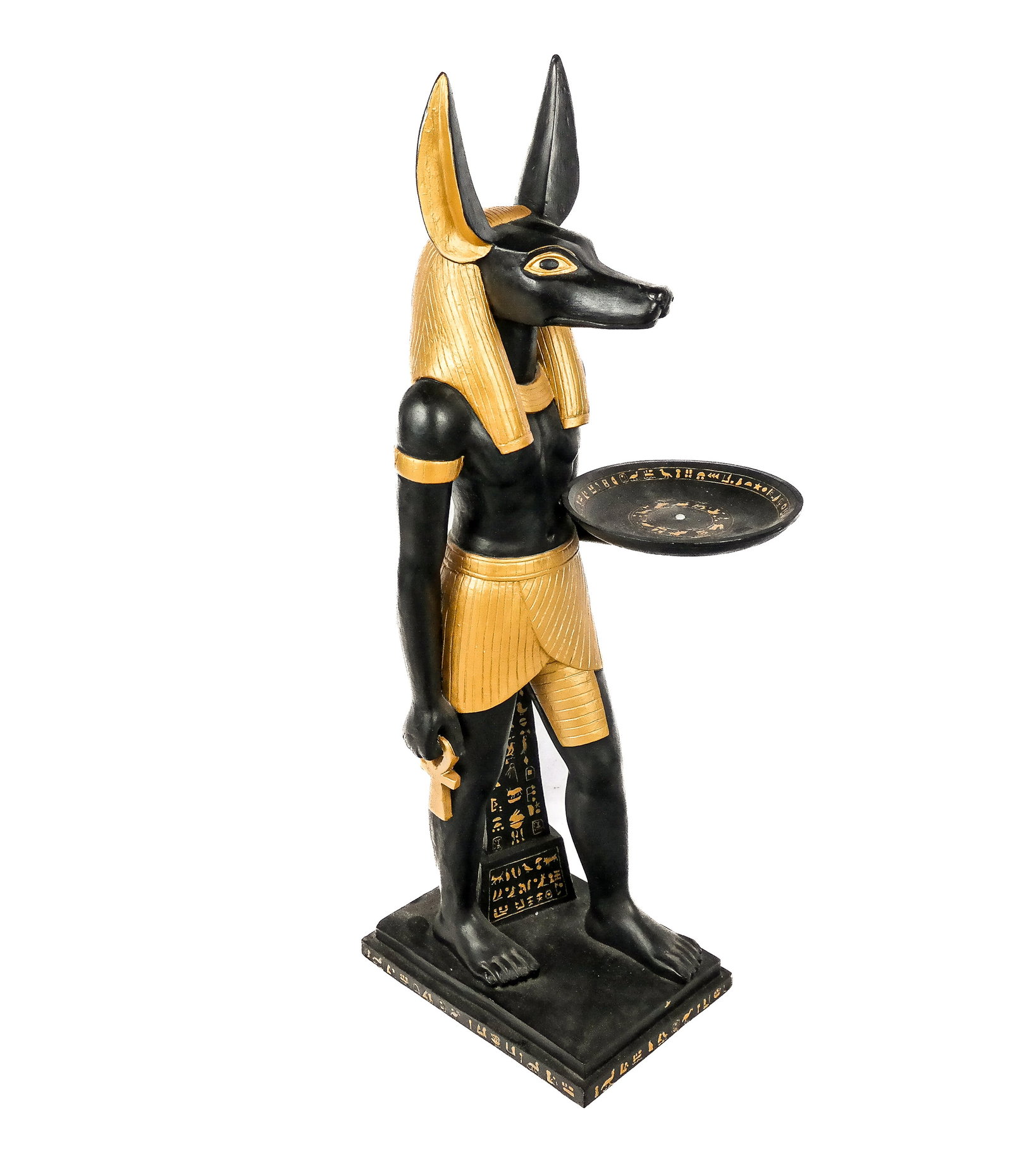 Egyptian Shrine Of Anubis Stand: Egyptian-style carved and decorated sculptural card holder, mid-20th century. [36" H x 9" W x 14" D]. In overall good condition.
