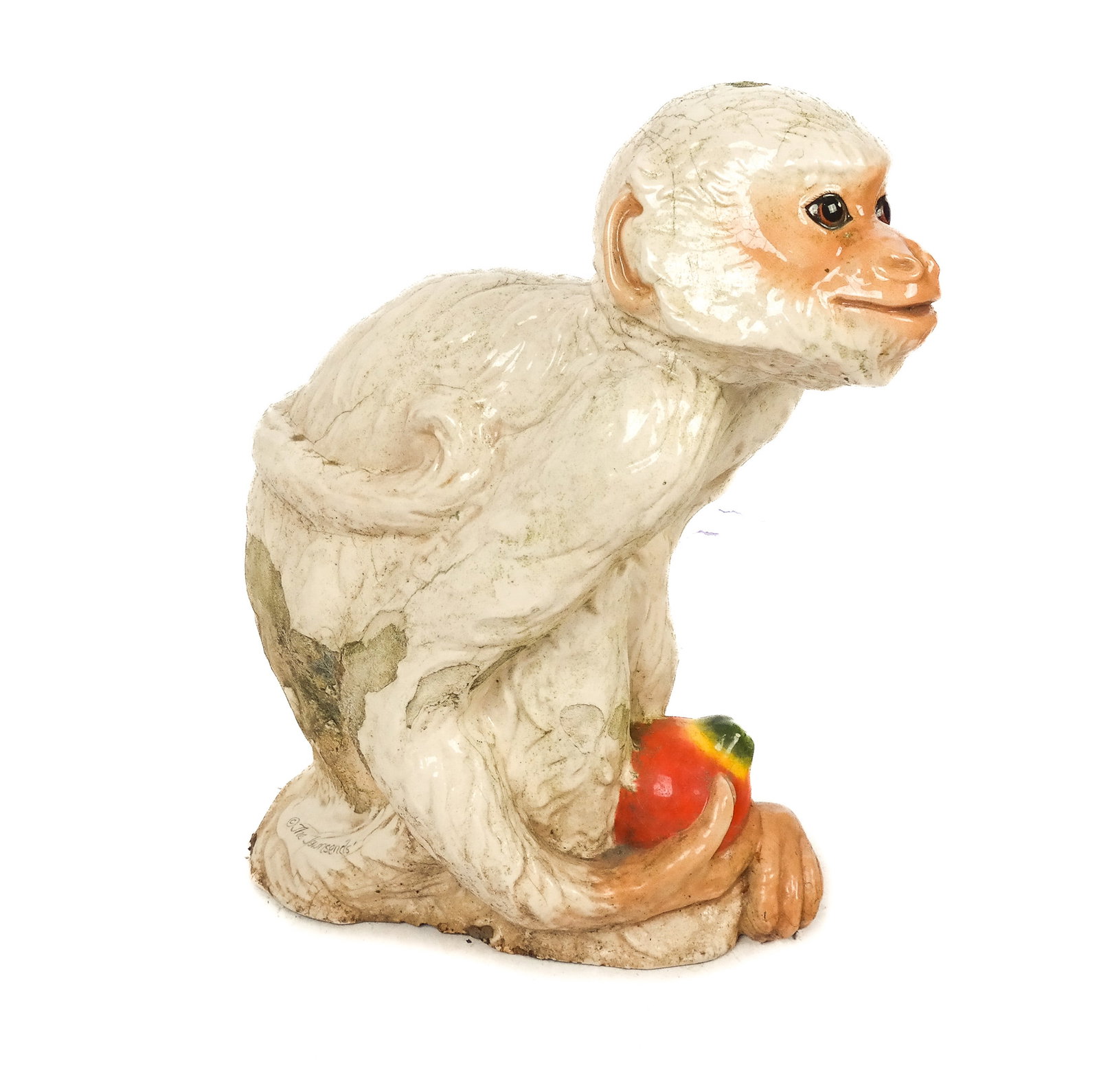Majolica Glazed And Decorated Monkey: Majolica ceramic glazed and decorated monkey, mid-20th century, copyright "The Townsends" (removed from lawn). [22" H x 15" W x 9-10" D]. Age cracks. From the Estate of Laura Leonard Ault.