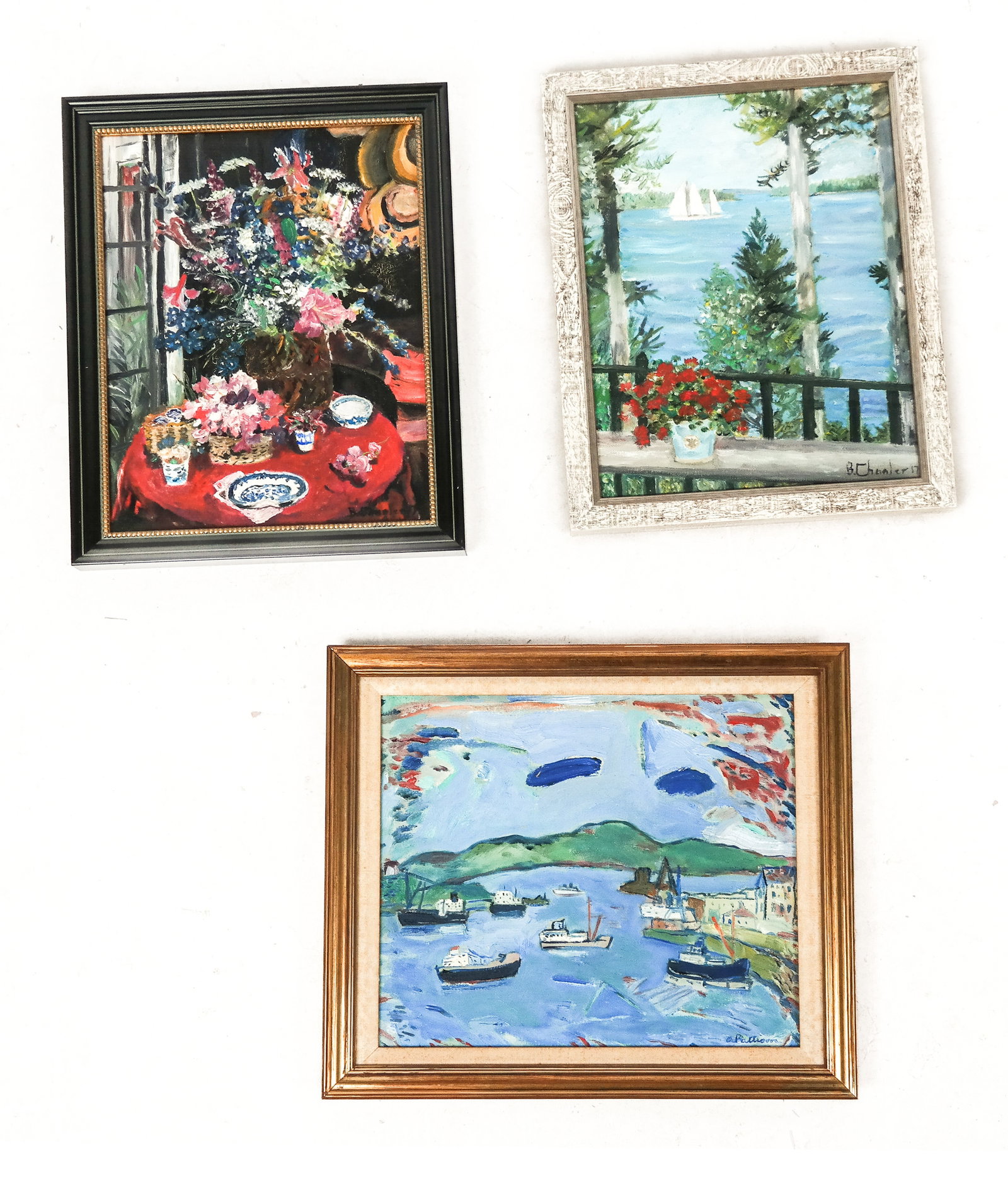 Three Signed Oil on Canvas Paintings: Three signed oil on canvas paintings, 20th/21st century, comprising an impressionist seascape with ships signed A. Pattison, a still life of flowers, signed B. Chanler, and a landscape with sailboat s