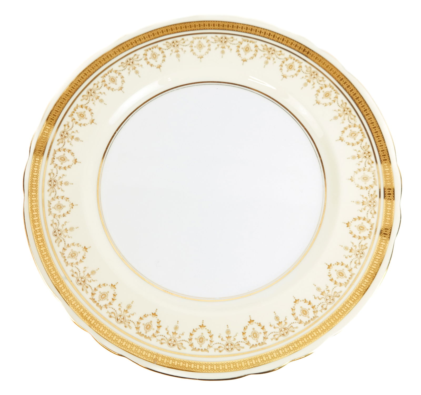 Aynsley Gilt Decorated Dinner Plates, 11: Anysley gilt swag and wreath decorated cream and white bone china dinner plates, England, marks to base. [10.25" Diameter] Overall condition is good, minor loss to gilt, one with residue.