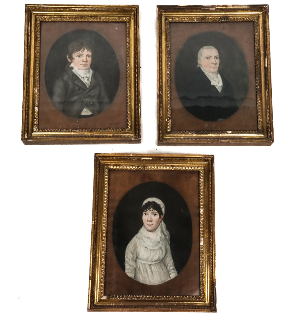 Three 19th Century Pastel Portraits: Three 19th century pastel portraits, late 18th/early 19th century, two depicting men and one depicting a woman in gilt and wood frames, one with newsprint dated to 1808 affixed to verso, all unsigned.