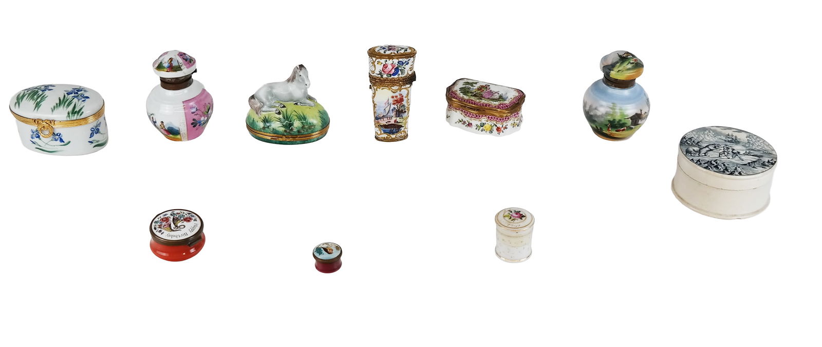 Group of Antique Porcelain Articles, 10: Group of ten antique porcelain articles, including: a hand-painted Limoges horse trinket box marked "Piotet Limoges" on interior with makers mark; an Edme Samson hand-painted porcelain 19th century tr