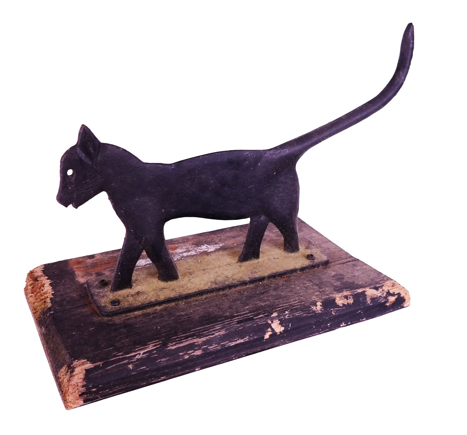Folk Art Cast Iron Boot Scraper: Folk art cast iron cat form boot scraper, 20th century, on a wooden base. [13" H x 16.5" W 10" D]. Overall condition is good with wear to wooden base.