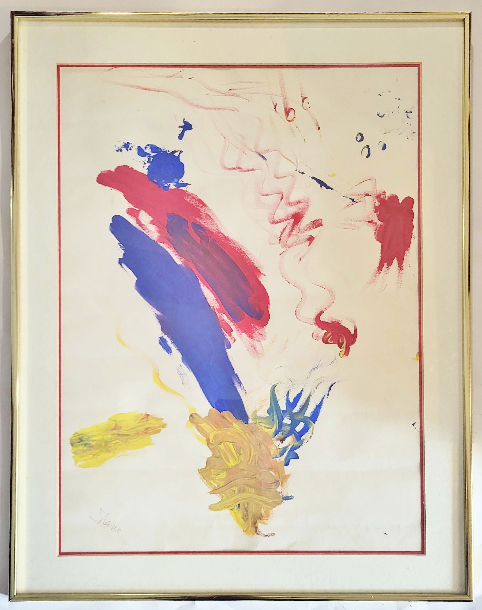 SHANE: Abstract - Vintage Painting: Vintage abstract tempera oil painting, framed and matted, 20th century, signed left "Shane". [Art: 22.5" H x 17" W; Frame: 27" H x 21" W]. In good condition.