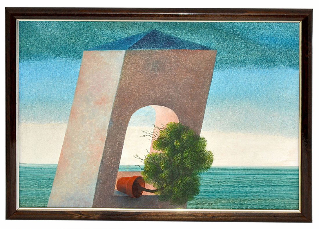 Bernard Patriot [France]- Cap Sud: Acrylic on canvas depicting a surreal oceanic scene. Signed bottom right: "Partiot". Good condition. [Art: 17 3/4" x 12 1/2"; Frame: 19 1/2" x 14 1/4"]