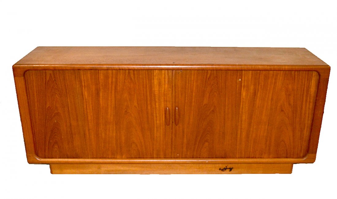 Dyrlund, Denmark - Sideboard: Danish modern sideboard by Dyrlund, Denmark. Two sliding doors with center drawers. Some wear. [75" L x 19 1/2" D x 30 1/2" H]