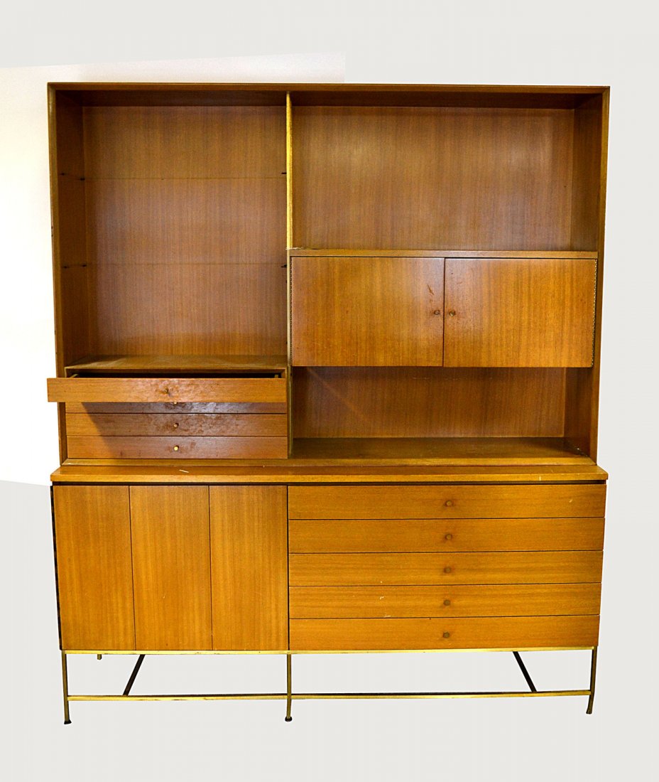 Calvin Designed by Paul McCobb Étagère: 20th C. modern étagère/wall unit by Calvin, Grand Rapids, Michigan. Designed as "The Irwin Collection" by Paul McCobb. One leg bent, overall good condition. [71 1/2" x 19" x 83" H]