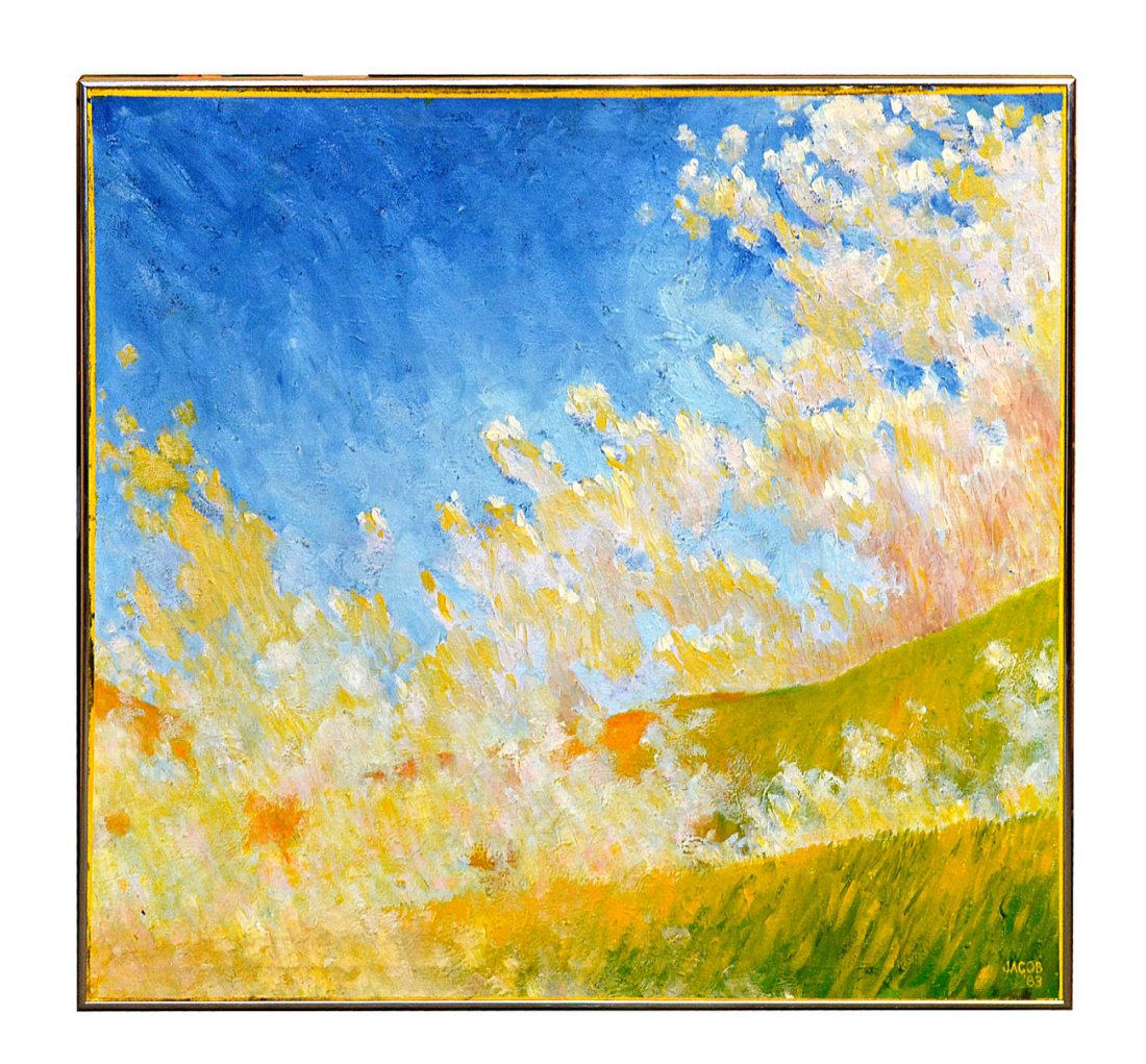 Jacob, Oil on Canvas - Abstract Landscape: Depicts green landscape with mottled golden to blue sky. Signed bottom right: "Jacob 83." Few chips and stretcher impression at bottom edge with cracking. [Art: 35 3/8" Sq; Frame: 36 1/4" Sq.