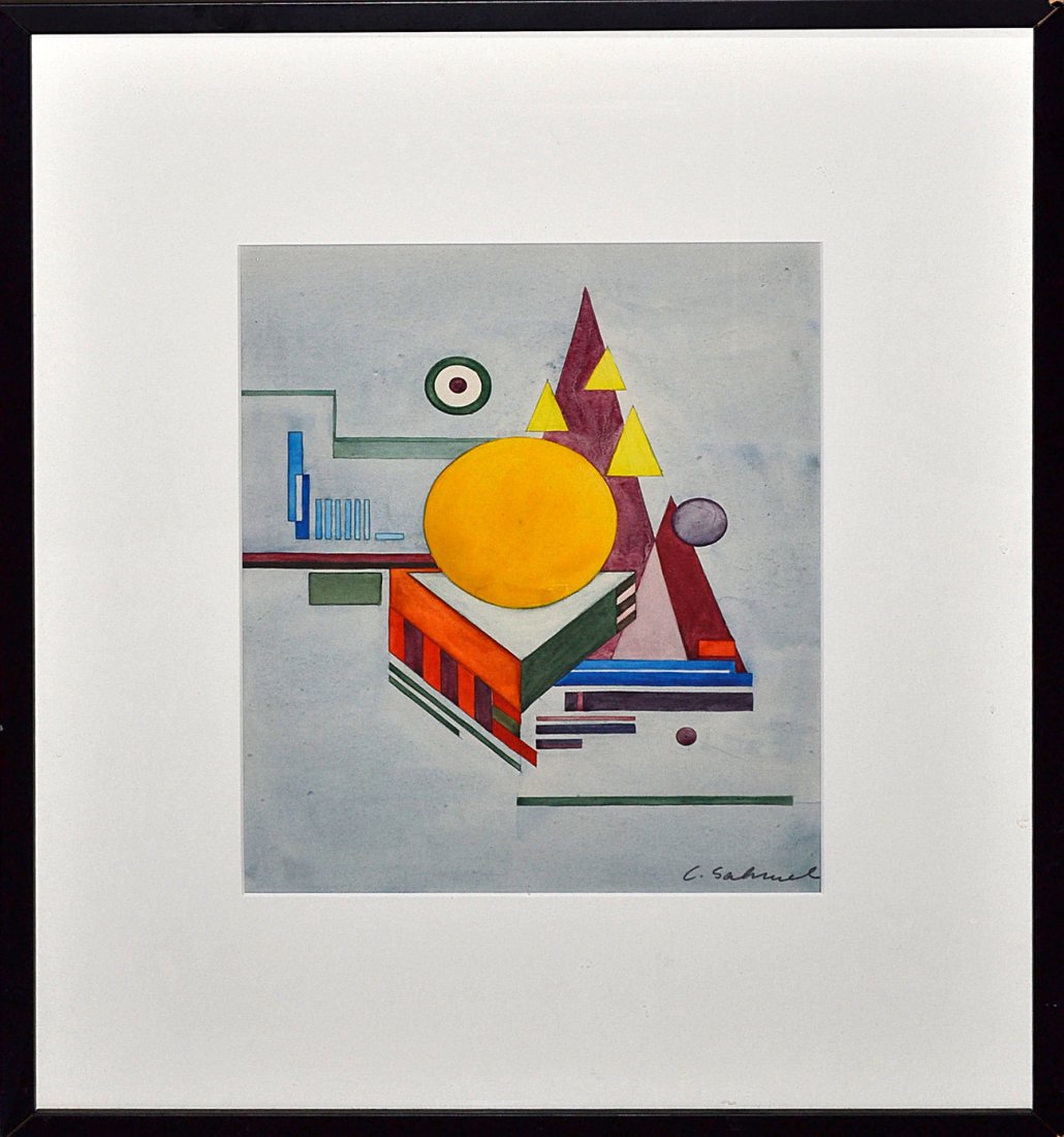 Charles Sahwel [American] - Untitled, No. 26: Watercolor on paper. Abstract geometric shapes. Titled: "Untitled, No. 26", C. 1949. Signed lower right: "C. Sahwel." Gary Schnyder Fine Art Gallery card taped to verso. Good condition, frame as is. [