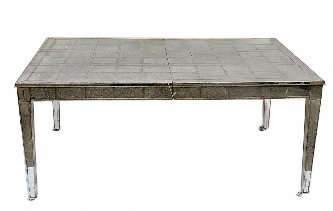 Modern Mirrored Dining Room Table: Modern dining room table with mirrored tiles on top and along border. Overall good condition. [64 1/2"x 45" x 28 1/4" H]
