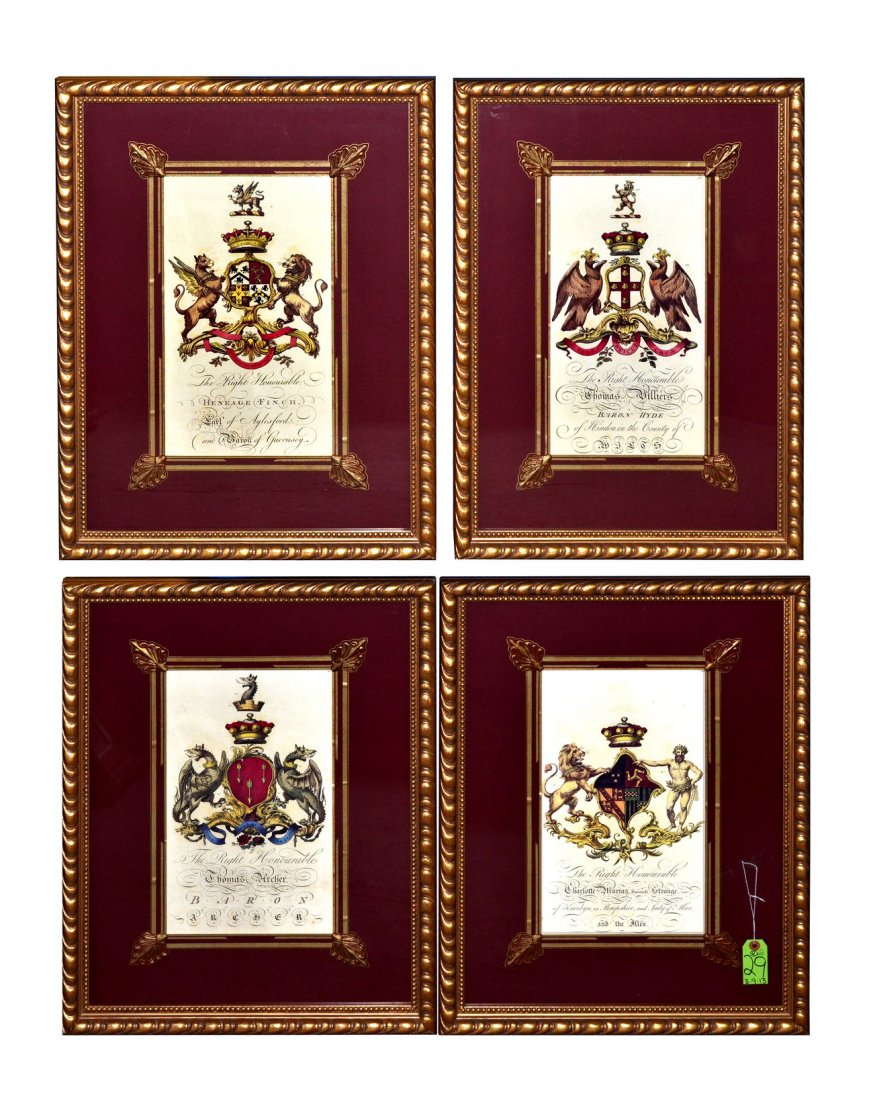 Set of Four Vintage English Coat of Arms: Heraldic engravings comprising: 1.) Charlotte Murray Baroness [of] Strange, 2.) Thomas Archer Baron [of] Archer, 3.) Thomas Villiers Baron [of] Hyde, 4.) Heneage Finch Earl of Aylesford and Baron of G