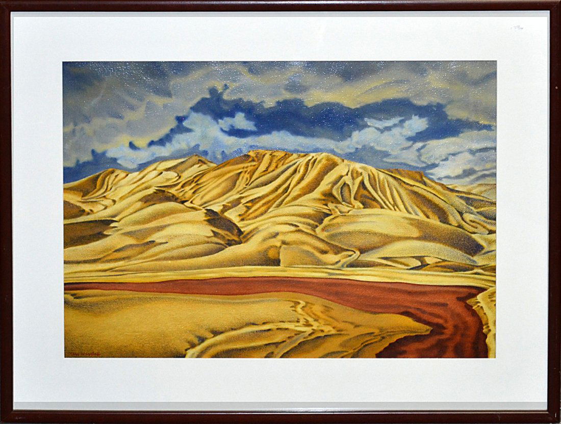 Clay Wagstaff, Oil on Paper - "Landscape #121": Stylized depiction of eroded Badlands landscape. Signed bottom left: "Clay Wagstaff." In good condition. [Art showing: 20 1/2" x 28 1/2"; Frame: 29 1/8" x 37"]