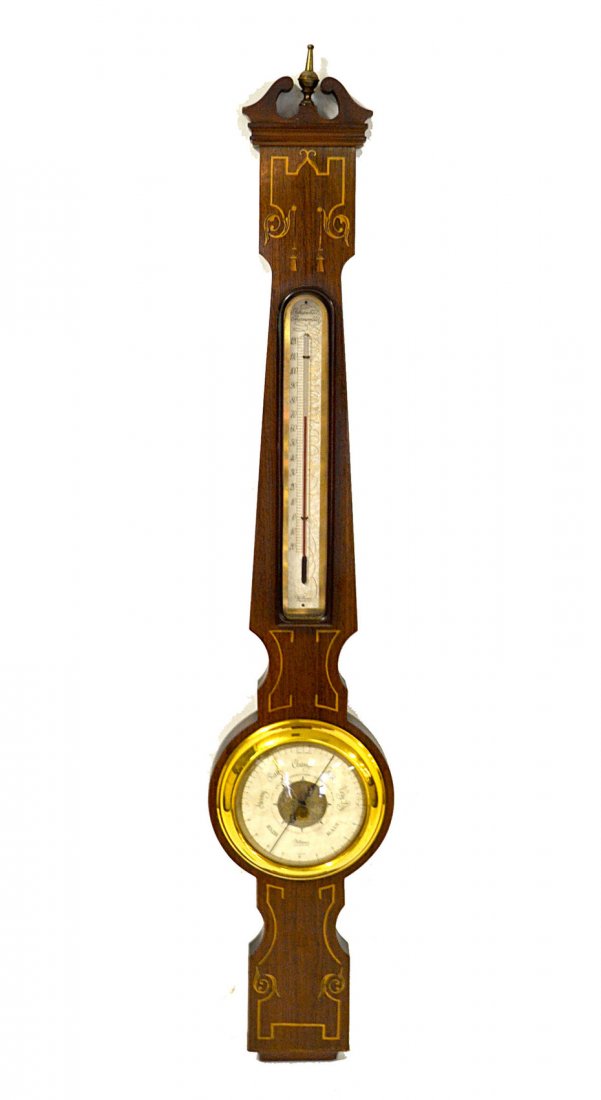 Wittnauer Barometer: Mahogany inlaid barometer, brass finial, broken arch form crest. [36" H x 7" Dia]
