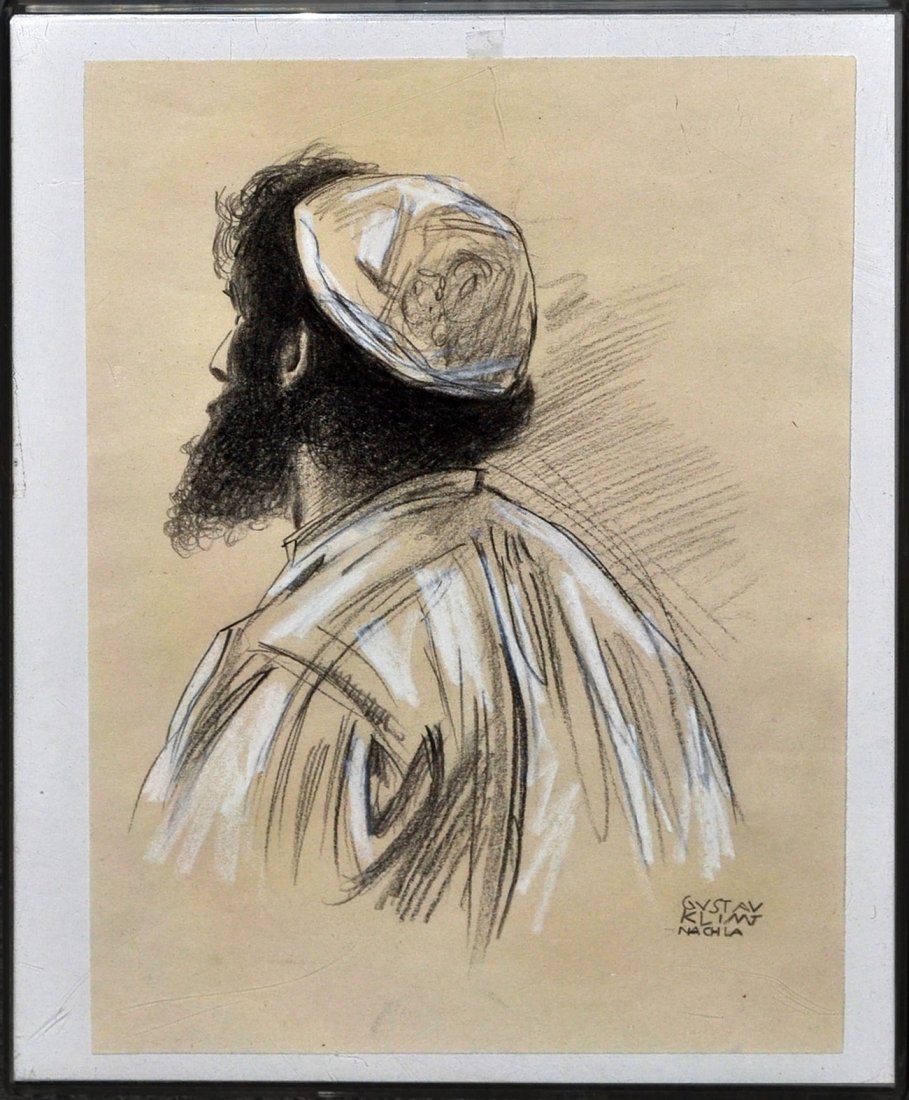 Sketch of a Holy Man: Charcoal on paper of a man wearing a skull cap with his back to the viewer. Inscribed lower right: "Gustav Klimt Nach La." Mounted on board and framed under lucite. In good condition. [Art: 7 5/8" x 1