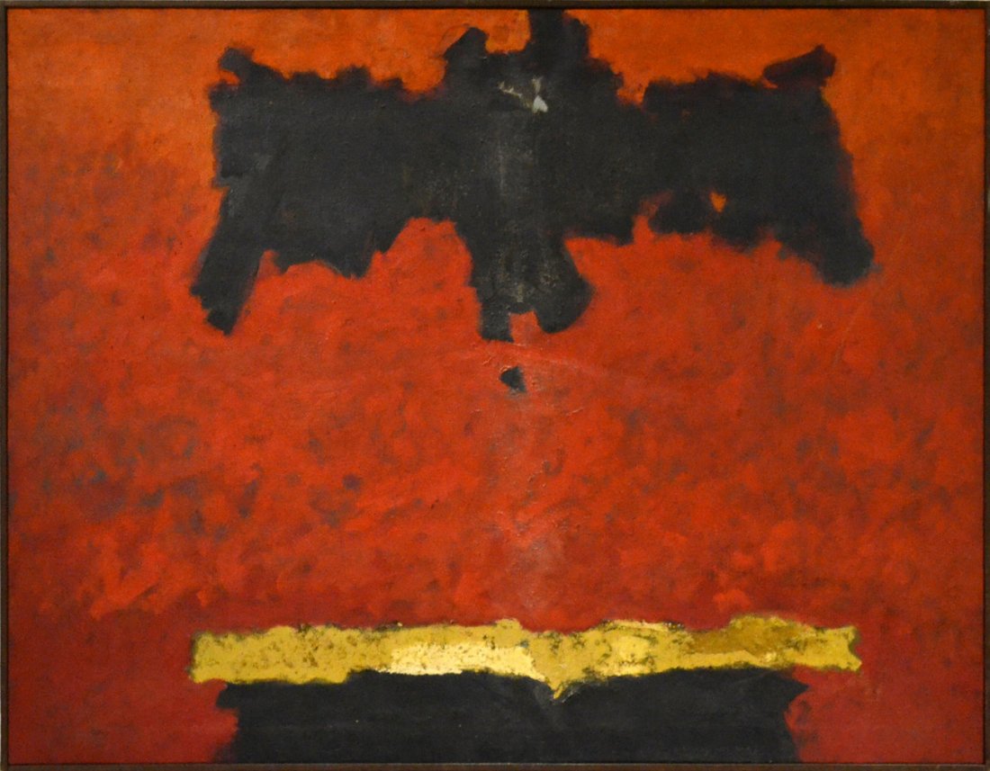 Walter Kuhlman, Oil on Canvas - Abstract: Depicts amorphic black and white elements against a mottled red and orange background. Boldly signed on verso: "Walter Kuhlman / 1958." Soiling, light buckling, and stretcher impression. Lathe frame.