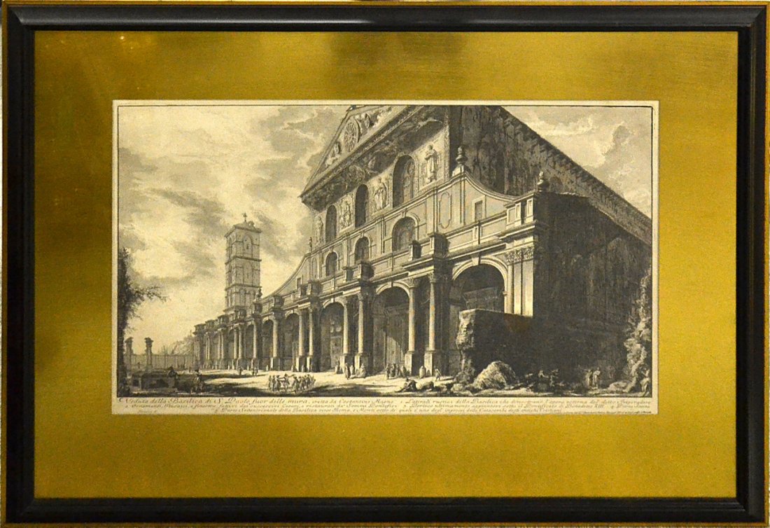 After Piranesi, Engraving - "Veduta della...": "Veduta della Basilica di S. Paolo..." Depiction of the Collanade at the Basilica of St. Paul on laid paper. Bears bold plate impression. [Art: 15 3/4" x 24"; Frame: 27" x 34 1/4"]