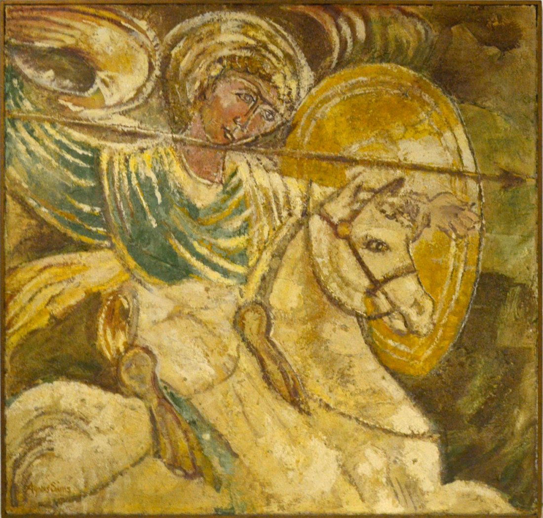 Agnes Sims, Encaustic on Canvas - Archangel: Romanesque depiction of an archangel on horseback with spear and shield. Signed bottom left: "Agnes Sims." Soiling. [Art: 38" x 40"; Frame: 38 3/4" x 41"]