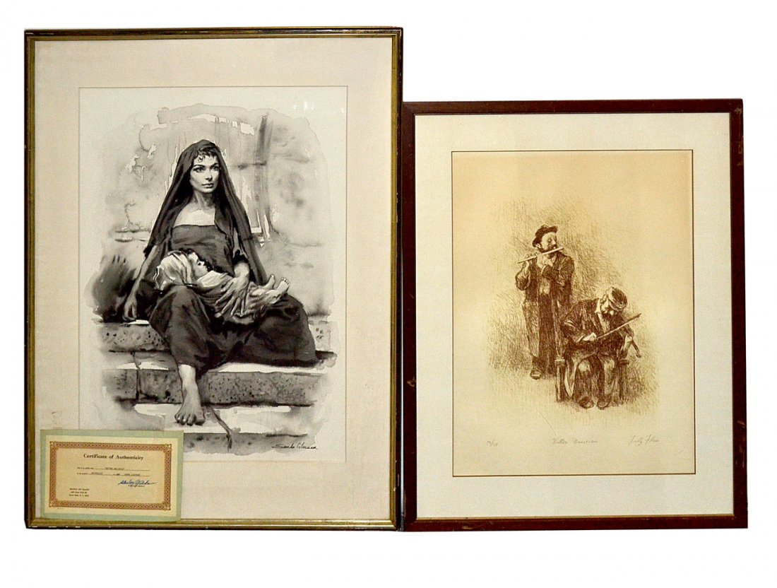 Two Framed Works on Paper - Lieberman & Filmus: Comprises: 1.) Sandu Lieberman signed watercolor: "Mother and Child." [Art: 24" x 18"] 2.) Tully Filmus signed lithograph: "Village Musicians." [Art: 24" x 18"] Age-toning.