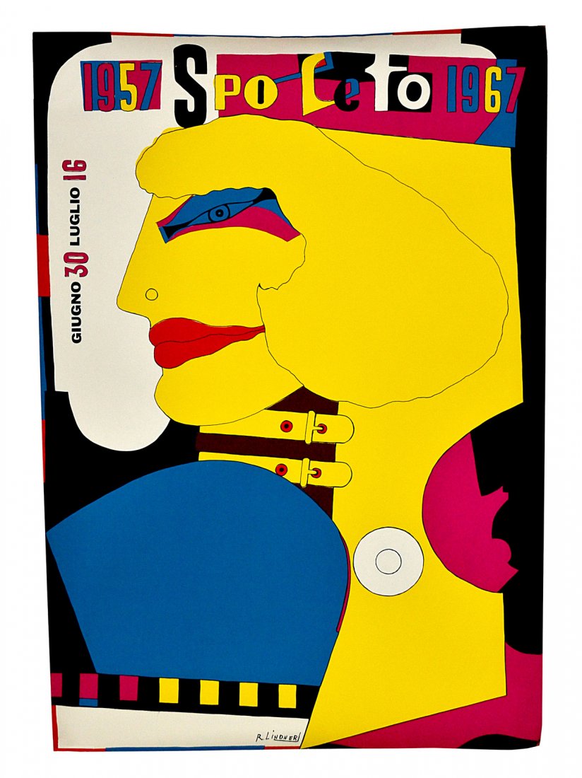 Richard Lindner, Two Screen Print Posters: Identical vintage Italian screen print posters bearing text: "Giugno 30 Luglio 16/Spoleto 1957 1967." Features a colorful abstract bust-length depiction of a woman in a 1/2 profile pose. Minor scuffs